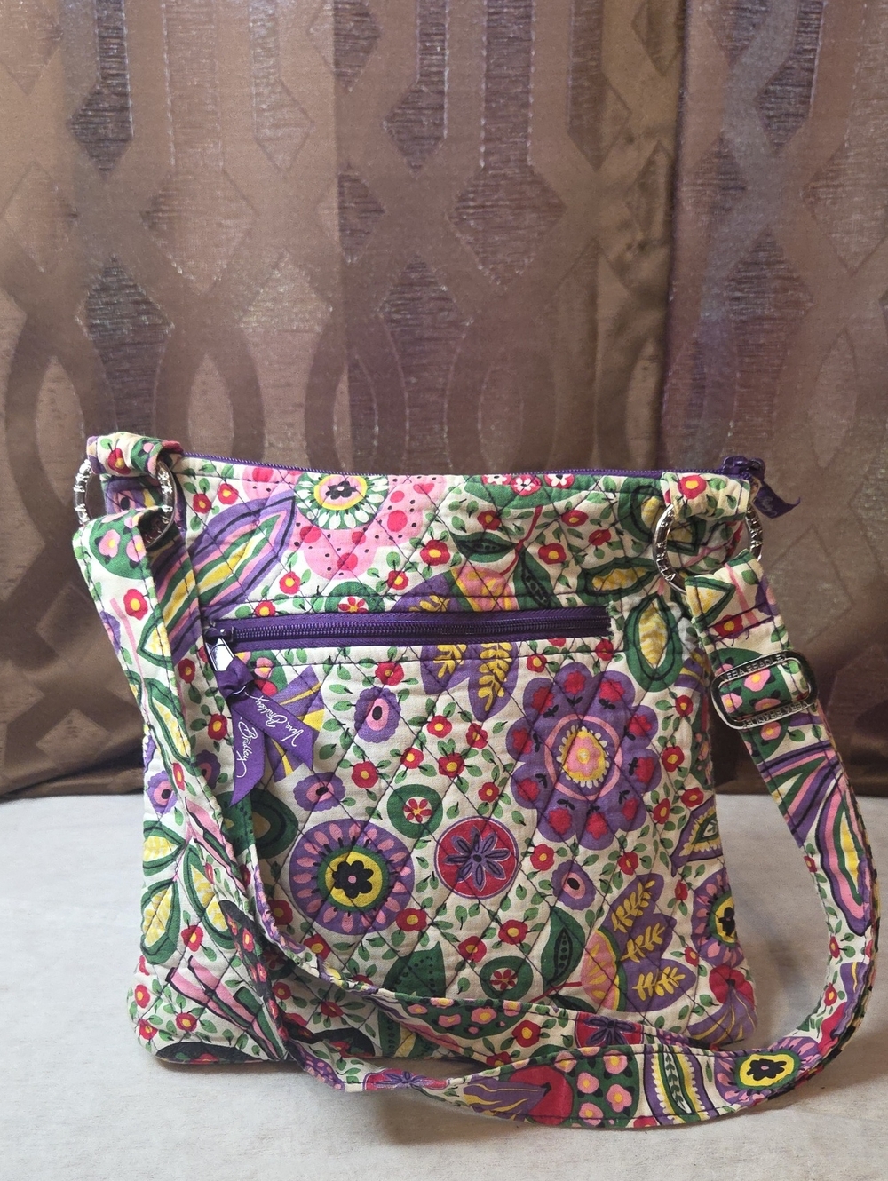 Vera Bradley White Pink Purple Floral Quilted Crossbody Bag